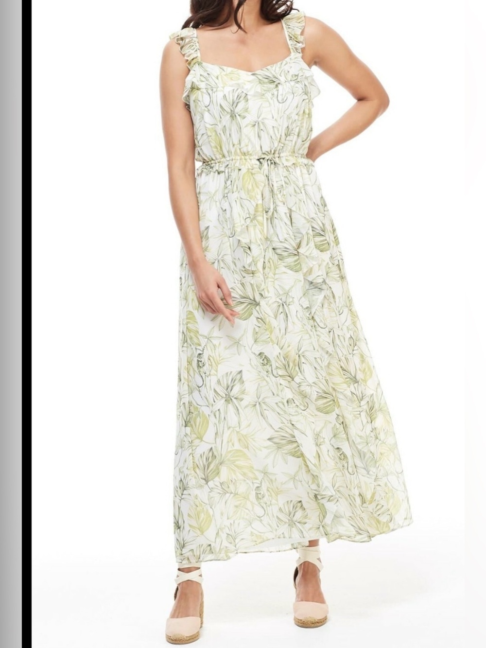 Gal Meets Glam Ivory Maxi Dress with Light Green Leaf Print